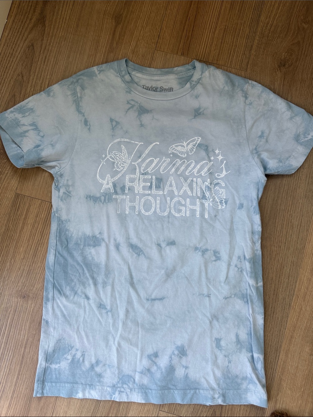 Taylor Swift Light Blue Tie-Dye Short Sleeve Tee with White Glitter Text